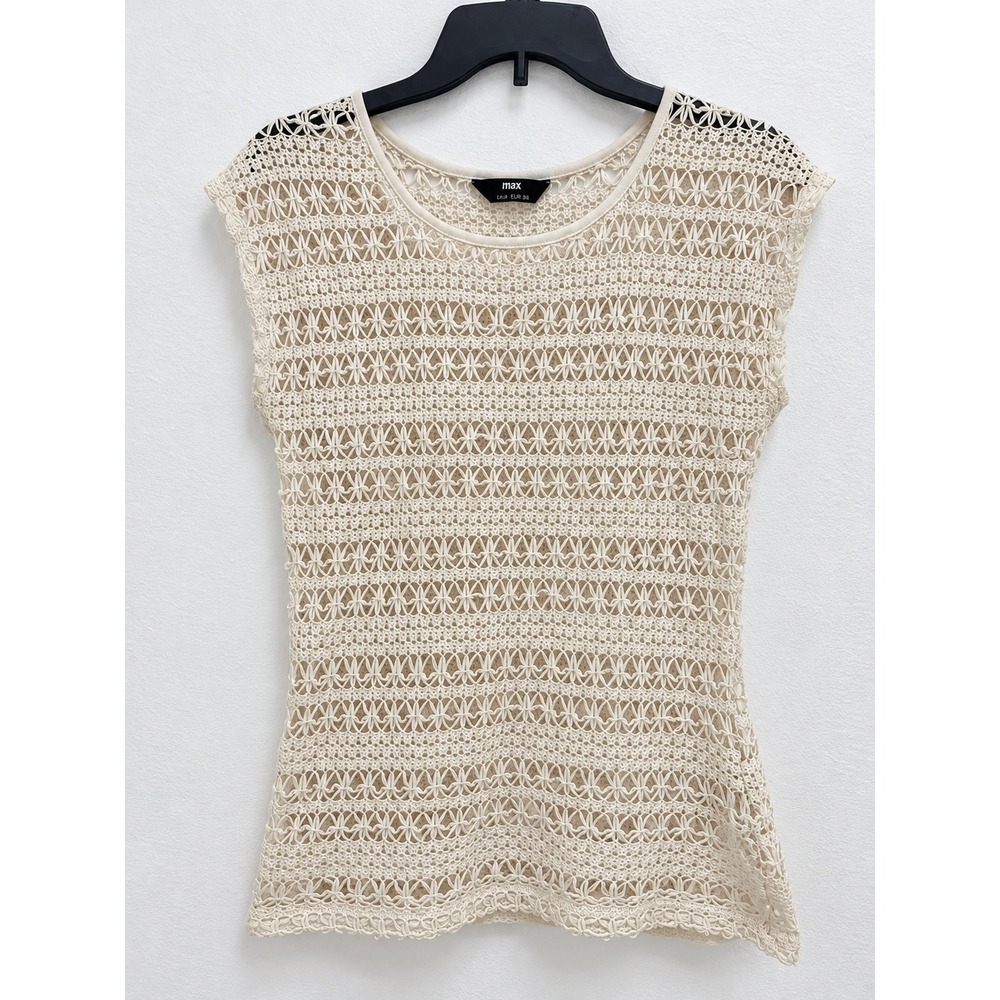 Max Women Cream Open Knit Crochet Sleeveless Scoop Neck Boho Top